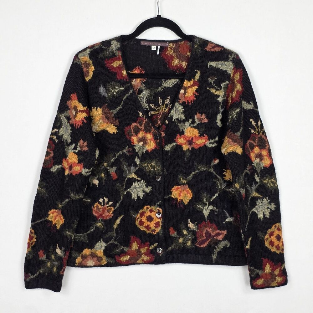 Peruvian Connection 100% Alpaca Cardigan Sweater Petite Large Artsy Floral Cozy